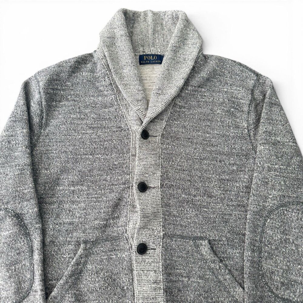 VTG Polo Ralph Lauren Shawl Collar Cardigan Men Medium Marled Gray Knit Sweater